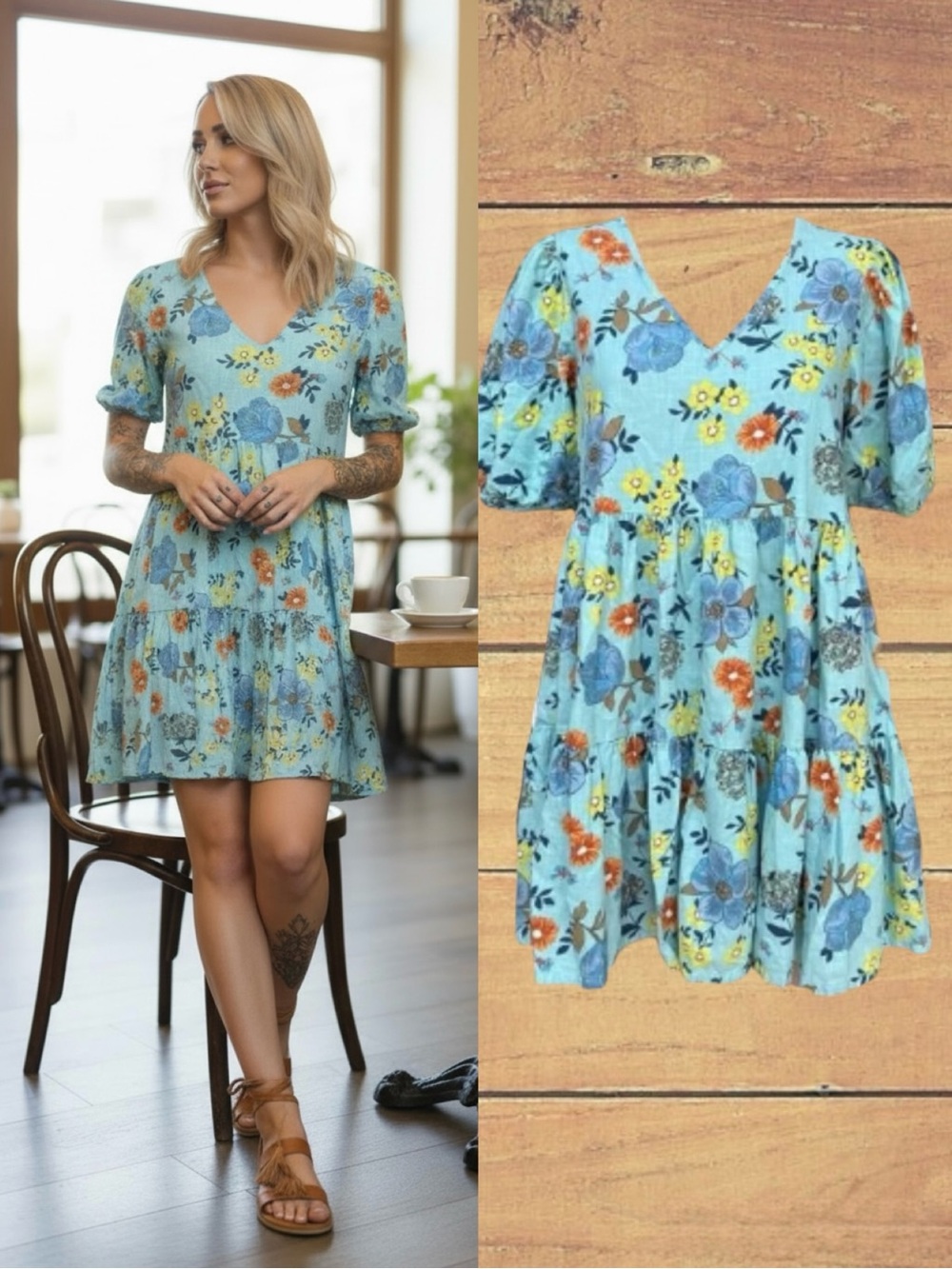 A.N.A Floral V-Neck Tiered Floral Puff Sleeve Babydoll Mini Dress XL